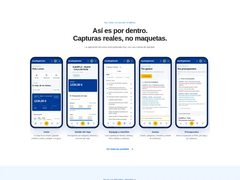 Pantallas de la aplicación Traveling Director en el móvil: inicio, detalle del viaje, equipaje, gastos y presupuestos