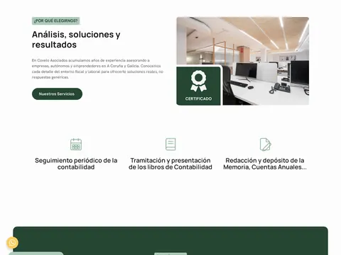 Sección "por qué elegirnos" de Covelo Asociados con foto real de sus oficinas en A Coruña