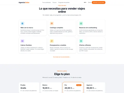 Funcionalidades de AgenciaOnline: web con tu marca, catálogo, reservas y cobros